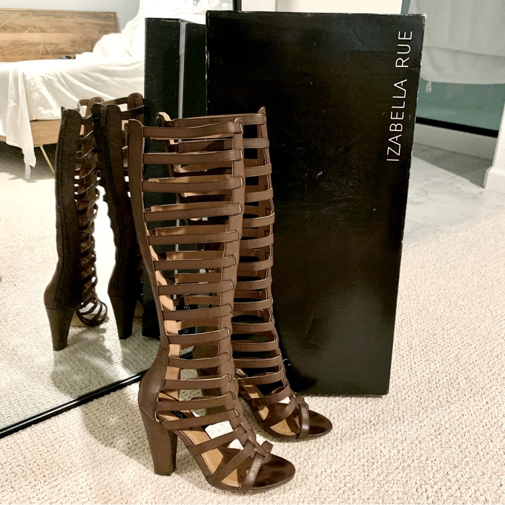 Brown Vegan Leather Knee-High Heeled Gladiator Sandals Strappy Boots